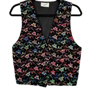 Vintage 90's Embroidered Floral Vest XS Black Boho Retro Dress Whimsigoth Career